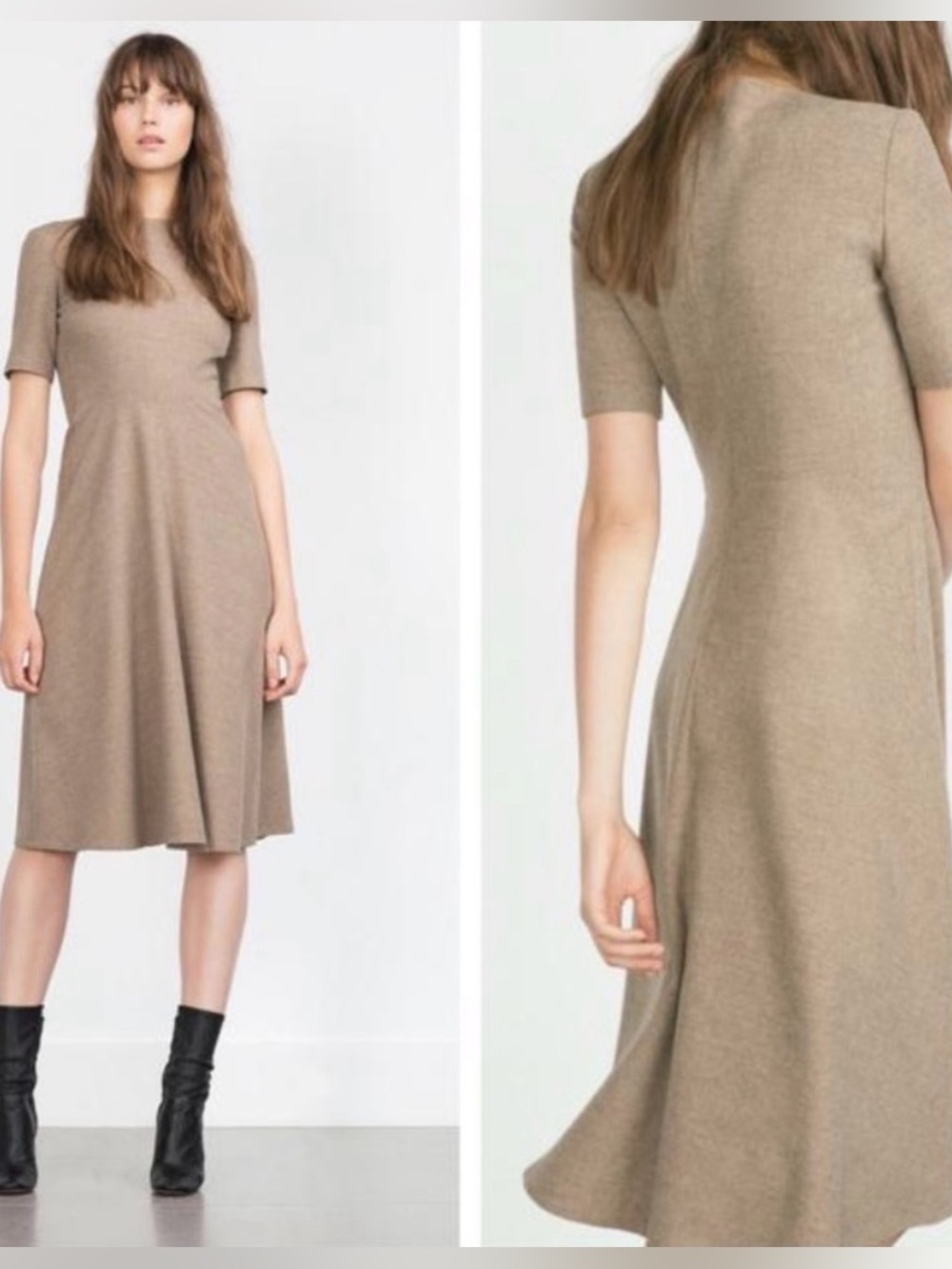 Zara Woman Camel Wool Blend Fit & Flare Midi Dress Size Small